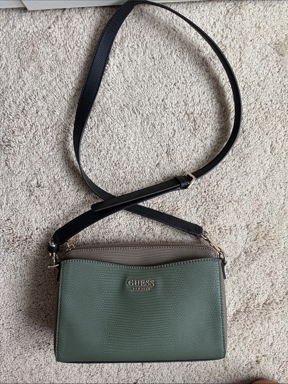 GUESS Green and Taupe Crossbody with Black Strap
